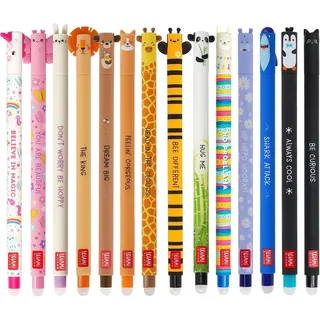 Legami Legami, Set mit 14 radierbaren Gelstiften mit thermosensitiver Radier-Tinte, verschiedene Tintenfarben und Gehäusedesigns, 0,7 mm Spitze, Tiermotive