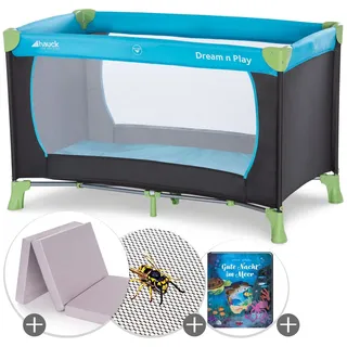 Hauck Reisebett Sparset - Dream N Play inkl. Alvi Reisebett-Matratze + Insektenschutz + Buch "Gute Nacht im Meer" - Waterblue