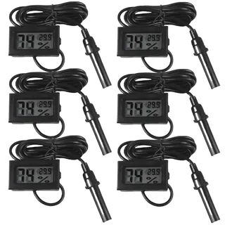 6 Stück Mini LCD Digital Thermometer Hygrometer, Eingebettetes Mini LCD Thermometer mit Fühler und 1.5m Kabel, Aquarium Temperatur Luftfeuchtigkeitsmesser für Reptilien, Inkubator und Aquarium
