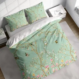 Bettbezug-Set mit Blumengarten-Vögeln, Grün, Botanische Bettwäsche, Naturblumenmuster, Bettbezug für Einzelbett, Doppelbett, Queensize-Bett, Kingsize-Bett, 155 x 220 cm + 80 x 80 cm x 2