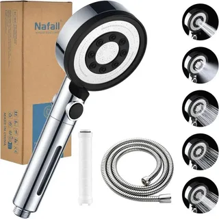 nafall Duschkopf mit Filter - Handbrause Wassersparend mit 1,5 M Schlauch, Brausekopf Dusche mit 5 Strahlarten und Stoppfunktion, Hochdruck Shower Head, Chrom (Ohne Halter)