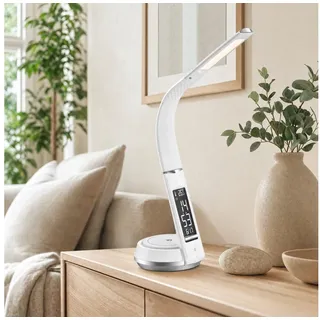 NORTHPOINT LED Schreibtischlampe Qi-Ladefunktion, Touch Dimmbar RGB Sockel | Elegante Leder-Optik, integriertes LCD-Display für Uhrzeit, Datum und Temperaturanzeige, flexibler Schwanenhals, 12V Netzteil