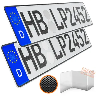 KFZ Kennzeichen Auto 2 Stück 52cm x 11cm in Carbon Optik Nummernschild 520mm x 110mm Wunschkennzeichen DIN Autokennzeichen Fahrradträger Anhänger LKW Wunschprägung amtliches Autoschild