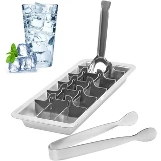 Edelstahl Eiswürfelform 18 Eisfächern mit Hebeleinsatz, Eiswürfelbereiter aus Edelstahl mit Eiszange, Lebensmittelechte und Langlebige Eiswürfelbereiter, Plastikfreie Eiswürfelbehälter für Cocktail