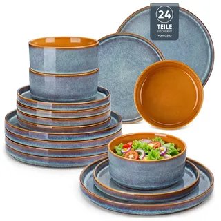 Geschirrset 8 Personen, vancasso ONION 24-tlg Hochwertiges Steingut Geschirr set, Tafelservice Blau, Geschirrsets mit Speiseteller, Salatteller und Schüsseln - Galaxie-inspiriertes Design