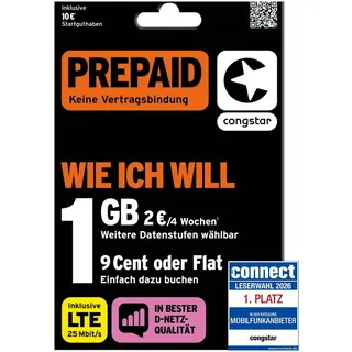 congstar Prepaid wie ich Will SIM-Karte ohne Vertrag I Prepaid-Guthaben | Wunschmix inkl. 10 € Startguthaben I In D-Netz-Qualität I Frei wählen 1-15 GB & 9 Ct. pro Min/SMS - Flat