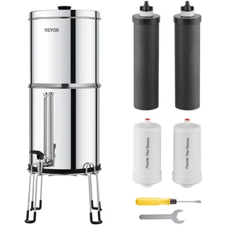 Vevor Schwerkraft Wasserfiltersystem Edelstahl Arbeitsplattensystem 7+7,5L Wasserfiltrationssystem, reduziert Blei und bis zu 99 % Chlor, mit 2 Aktivkohlefiltern 2 Entfluorierungsfiltern & Zapfhahn