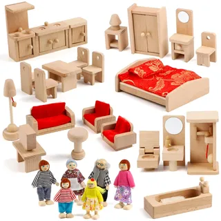 KABENFIS 39PCS 5 Set Puppenhaus Möbel Zubehör mit Einer Familie von 6 Puppen Dekoration Rollenspiel Spielzeug für Mädchen Jungen