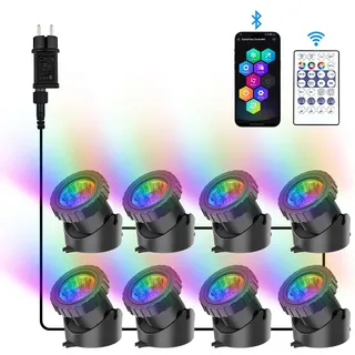NATPOW Teichbeleuchtung Unterwasser mit Bluetooth APP, Unterwasserbeleuchtung RGB Teichlicht mit Fernbedienung, IP68 wasserdicht, DIY Farbwechsel Gartenbeleuchtung für Garten, Patio, Baum(8 in 1)