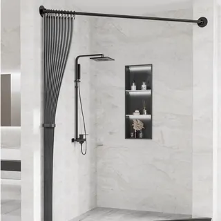 Gerade Duschvorhangstange Ohne Bohren, Dehnbare 304 Edelstahl Eck-Bad Vorhangstange, 180 Grad Verstellbarer Drehsockel, Als Duschstange, Kleiderstange Oder Ra(Size:75-110cm(29.5-43.3in),Color:schwarz)