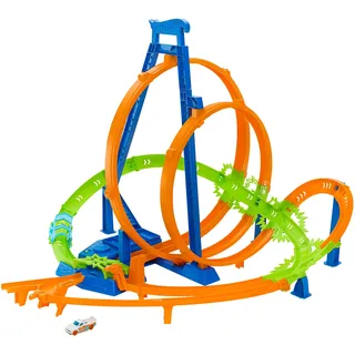 Hot Wheels Track Set, Episches Crash-Rennen mit 5 Crash-Zonen, motorisiertem Beschleuniger und 1 Hot Wheels Auto im Maßstab 1:64, leicht aufzubewahren, HTP55