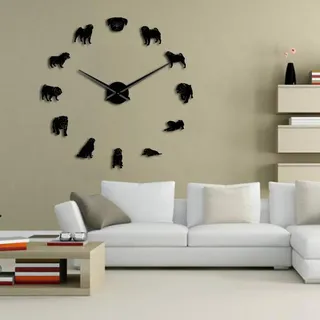 XDG Mops EIN köstlicher Mops Hund DIY Riesen Wanduhren Hunderassen Spiegeleffekt Wandkunst Tierhandlung Dekoratives Wanduhr Geschenk für Mops Liebhaber (Schwarz 、 47inch)
