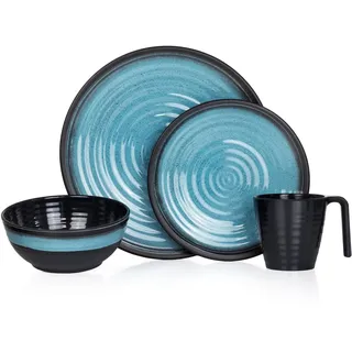 Camping Geschirr Set 1 Person 4-teilig | Melamin | Picknick Geschirrset | Campinggeschirr Stone Blue Design