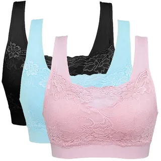 Vertvie Womens Strech Ohne Buegel Push up Yoga Sports BH Bra Top Set Fuer Fitnesstraining Polsterung 3er Pack (EU S/Tag M, Blau+Rosa+schwarz) - S