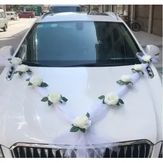 Hochzeitsauto-Dekorationsblumen-Set mit DIY-Gaze ​​und 9 Blumen, Hochwertige Materialien für Langlebige Verzierung (Weiße Hilfswagendekoration des Q-Modells)
