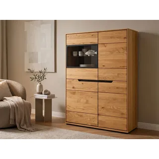 Massivart® Highboard 93 cm Breite Massivholz Wildeiche geölt »ARAYA«, 1 Glastür · 3 Drehtüren · 4 Einlegeböden · schwarze Griffmulden beige
