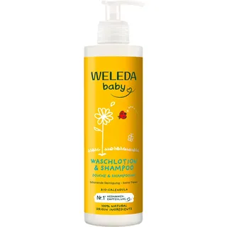 WELEDA Bio Calendula Baby XL Waschlotion & Shampoo vegan - Naturkosmetik Duschgel zur Hautpflege / Haarpflege bei Neugeborenen. Babypflege Dusche für empfindliche Haut, mild zu den Augen (1x 400ml)