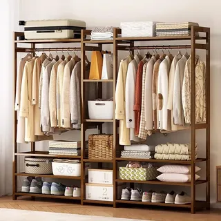 angrounps Schwerlast Kleiderständer aus Bambus, 3 in 1 Freistehender Garderobenständer, Kleiderstange mit Regal,Garderobe für Wohnzimmer Flur 170x30x150cm