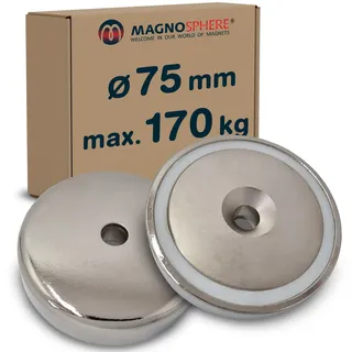 Topfmagnet Neodym Magnet zum Anschrauben rund extra stark - 170 kg - mit Senkbohrung - Starke NdFeB-Magnete im Stahltopf Ø 75 mm mit Loch/Bohrung und Senkung für Büro Haushalt Werkstatt
