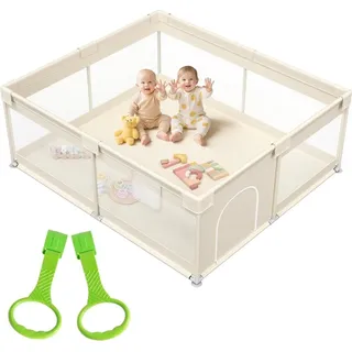 YOUJIA Laufstall Baby 175x150 cm – Großer Baby Laufgitter XXL Sicherheitsspielplatz Kinder mit Netzdesign, ideal für den Innenbereich, Beige, beige, O... - Beige