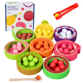 Kezidhp Montessori Spielzeug ab 2 Jahre, Holz Früchte Sortierspiel mit Löffel & Zange, Lernspielzeug Farben & Obst Erkennen, Motorikspielzeug Geschenk für Kinder Jungen Mädchen 2 3 4 Jahre