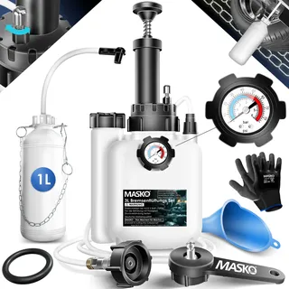 Masko MASKO® Bremsenentlüftungsgerät Auto Bremsentlüfter KFZ Bremsflüssigkeits-Wechselgerät 3L für Scheibenbremsen & Trommelbremsen mit Handpumpe & 1L Absaugbehälter für E20, Adapter, Schlauch & Zubehör