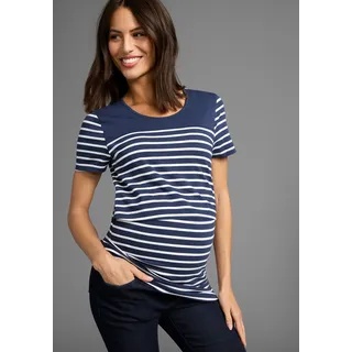 NEUN MONATE Umstandsshirt "Geringeltes Schwangerschaft und Still-Shirt", Damen, Gr. 44/46, blau (blau geringelt), Single Jersey, Obermaterial: 95% Baumwolle, 5% Elasthan, geringelt, bequem, Rundhals, abgesteppte Kante, Shirts Umstandsshirt, für bequemes Stillen