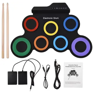 NEWFUN Schlagzeug Elektronisch, Elektronisches Schlagzeug, E Drum, Elektronisches Schlagzeug, Roll-up Drum Practice Pad mit 7 Silikon Schlagzeug Pads mit Mallets und Fußpedal für Anfänger und Kinder