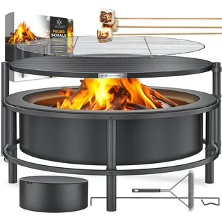 KESSER Feuerschale Ø65cm Feuerstelle aus kaltveredeltem Stahl mit 0,6mm Stahldicke, (Feuerkorb inkl Grillrost, Feuerhaken aus Gusseisen, Bürste & Abdeckung), Feuertonne mit Rad & Feststell-Bremse, Lagerfeuer mit Holz & Kohle schwarz