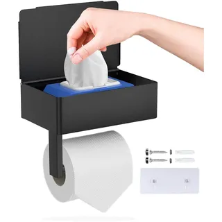 Toilettenpapierhalter mit Feuchttücherbox, GUIGUZI Schwarz Edelstahl Toilettenpapierhalter ohne Bohren, Selbstklebender Klopapierhalter ohne Bohren, Klorollenhalter mit Ablage