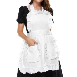 LilMents Damen Rüsche Outline Retro Schürze Küche Kuchen Backen Kochen Cleaning Maid Kostüm Mit Taschen weiß - Einheitsgröße