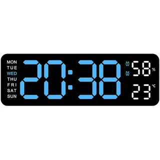 Colcolo Digitale Wanduhr, Schreibtischuhr, zum Aufhängen, mit Datum und Temperatur, Woche, LED-Wanduhr, Wanddekoration, Moderne Uhr für Wohnzimmer, blau hellschwarz