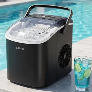 Silonn Eiswürfelmaschine Eiswürfelmaschine kompakt, 2 Eisgrößen, Selbstreinigung, tragbar, 6-minütige Eisherstellung schwarz