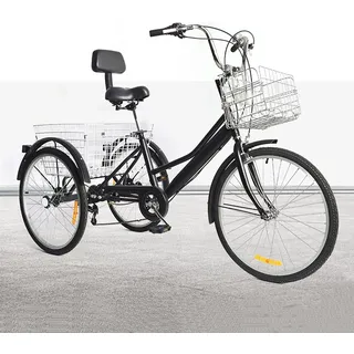 VonVVer 24 Zoll Dreiräder Erwachsene mit 2 Korb - 7 Gang Dreirad für Erwachsene120KG Last Höhenverstellbar 3 Räder Fahrrad Cityräder Cruise Einkaufsrad für Senioren Frauen Ältere(Schwarz)
