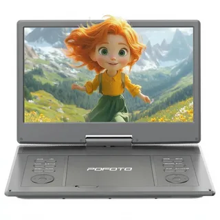 POFOTO 15,7" Tragbarer DVD-Player mit 14,1" HD-Schwenkdisplay, 6h Akkulaufzeit, Zonenfrei, Unterstützt Mehrere Formate/SD/USB, TV/Beamer-Anschluss, Stereo-Lautsprecher, Speicherfunktion (Grau-schwarz)