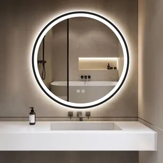 gimbelen Runder mit Beleuchtung, Spiegel rund 60cm mit Beleuchtung, Badezimmerspiegel Wandspiegel mit 3 Lichtfarben, Dimmbar, Speicherfunktion, IP44 HD Sicherheitsglas, Schwarz
