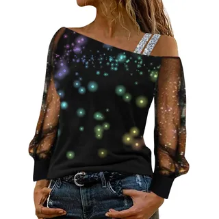 Glitzer Oberteile Damen Spitzenärmel - Pailletten Oberteil Shirt Festliche Blusen Elegant Sexy Silvester Outfit Modern Casual Mit Oberteile Große Größen Langarm Tunika S-XXL 73