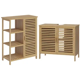 bellamio Newa Badmöbel-Set – Waschbeckenunterschrank mit 2 Fächern & Badschrank mit 6 Fächern – Badezimmermöbel aus Bambus lackiert – Badezimmer Unterschrank – Badregal/Bambusschrank/Badunterschrank