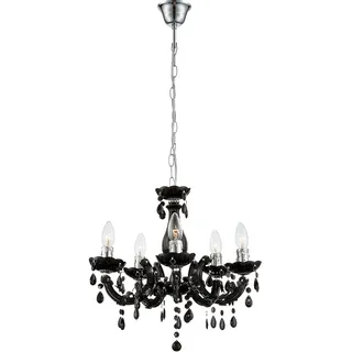GLOBO Kronleuchter 5 Flammig schwarz Hängeleuchte Esstischlampe Esszimmer Hängelampe Kristalle, Kristallbehang, Chrom, 5x E14, DxH 44x128 cm