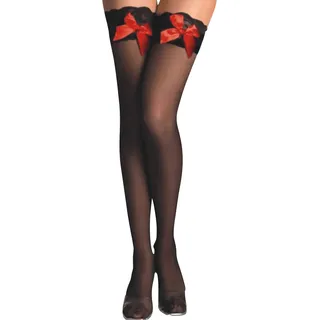 r-dessous 2 Paar halterlose Strümpfe Stockings Nylons Straps schwarz breite Spitze rote Schleife Dessous - S-XL