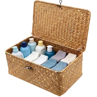 IHONYI Aufbewahrungskorb aus geflochtenem Rattan – Seegras Korb mit Deckel, handgeflochten, mit stabilem Drahtgestell, Wäschekörbe,Körbe & Aufbewahrungsbox Badezimmer, Schlafzimmer, Wohnzimmer(S)