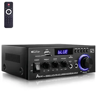 HiFi Verstärker - WOOPKER AK45 Pro Verstärker HiFi Stereo 400 Watt Max, 2 Kanal Mini Verstärker Audio Receiver mit w/UKW-Radio, USB/SD/AUX/RCA/MIC In,12V 220V Bluetooth Verstärker für Lautsprecher