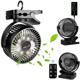 ELZO 12000mAh Camping Ventilator, Wiederaufladbarer Tischventilator USB Mini Ventilator mit LED Licht & Haken, 360° Drehung Leise mit Fernbedienung