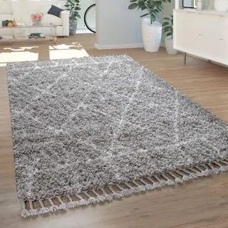 Paco Home Teppich Wohnzimmer, Schlafzimmer/Hochflor Shaggy in versch. Designs Farben und Größen, Grösse:160x230 cm, Farbe:Grau 6