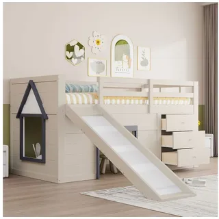 Merax Hochbett mit Rutsche und Stauraum (213 x 95 x 107cm, 1-St., Jugendbett Einzelbett Hausbett) Kieferholz Kinderbett 90x200cm mit Schubladen, Leiter und Lattenrost weiß 95 cm x 213 cm x 107 cm