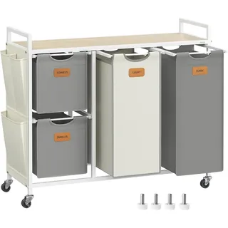 VASAGLE Wäschekorb 4 Fächer naturbeige-taubengrau-cremeweiß