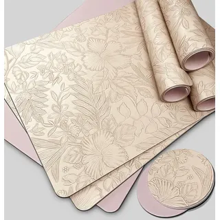 Tischsets aus Kunststoff mit Reliefartigem Blumenmuster, Leicht zu Reinigen Platzsets Florale Muster, PVC Platzdeckchen Abwaschbar 6er Sets mit Untersetzer, rutschfest-Wasserdicht-Hitzebeständig Rosa