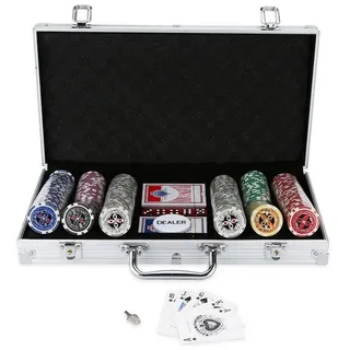 Clanmacy Spiel Pokerchips Button Alu Koffer Jetons Pokerset Pokerkoffer 300/500 Chips silberfarben