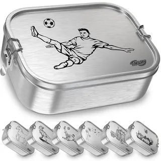 TAKWAY Edelstahl Brotdose mit Fächern 800ml – Auslaufsichere Lunchbox für Kinder & Erwachsene, Bento Box mit flexibler Unterteilung, für Kindergarten, Schule & unterwegs (Fußball, 3-Fächer)