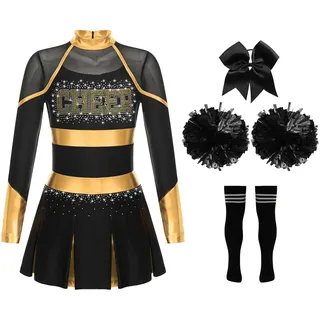 ZPFDSG Cheerleader Kostüme Kinder Mädchen Cheerleading Uniformen Schule Cheer Dance Outfit Cheerleader Kostüm Kinder Cheerleader Uniformen mit glitzernden Strasssteinen(Gold Black,14)